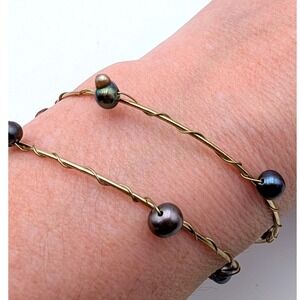 Set of 2 Gold Tone Wire Wrap Bangle Bracelets with Peacock Black Pearls Boho